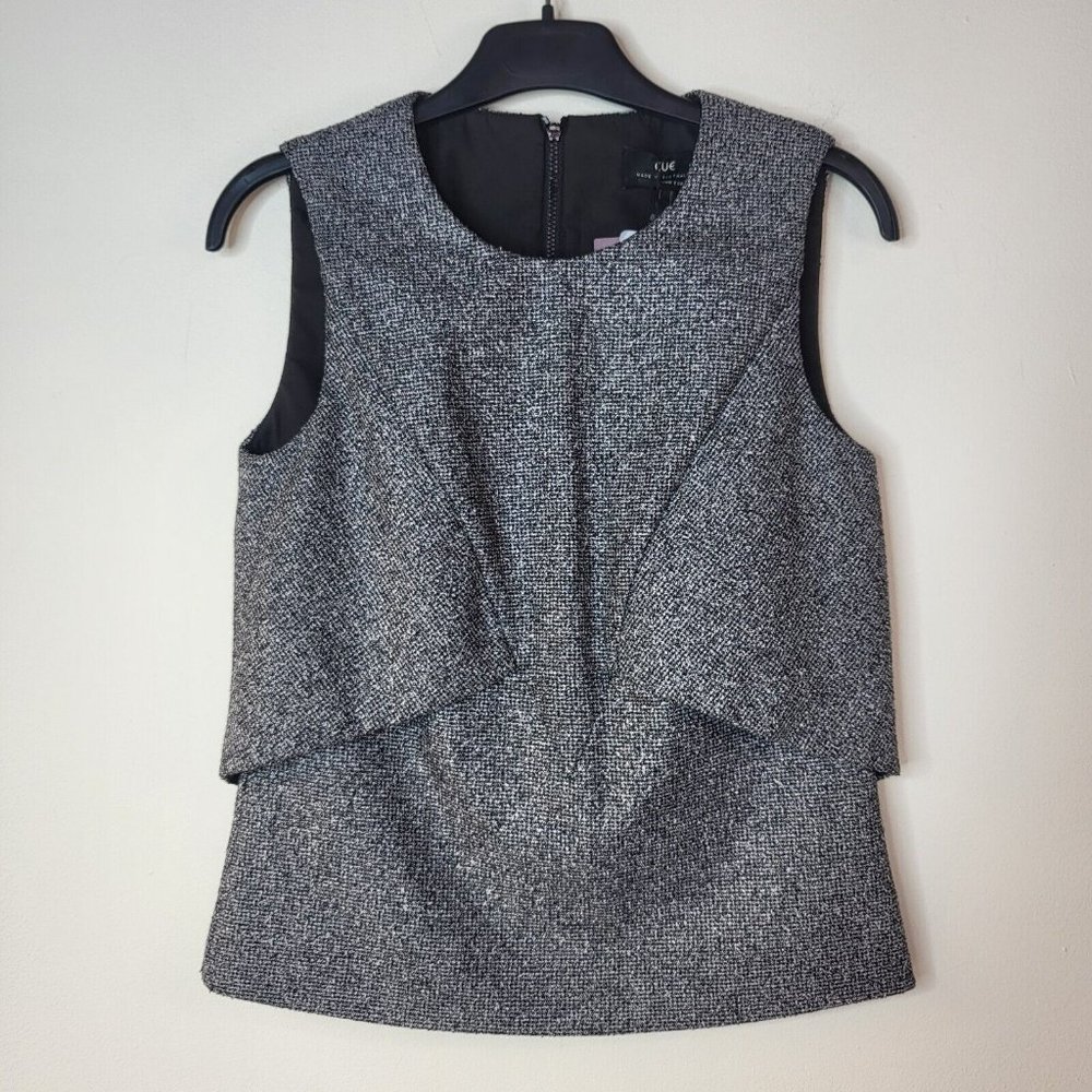 NEW Cue sleeveless top women's size 6 grey BNWT $189 tweed textured blouse zip - Picture 2 of 12